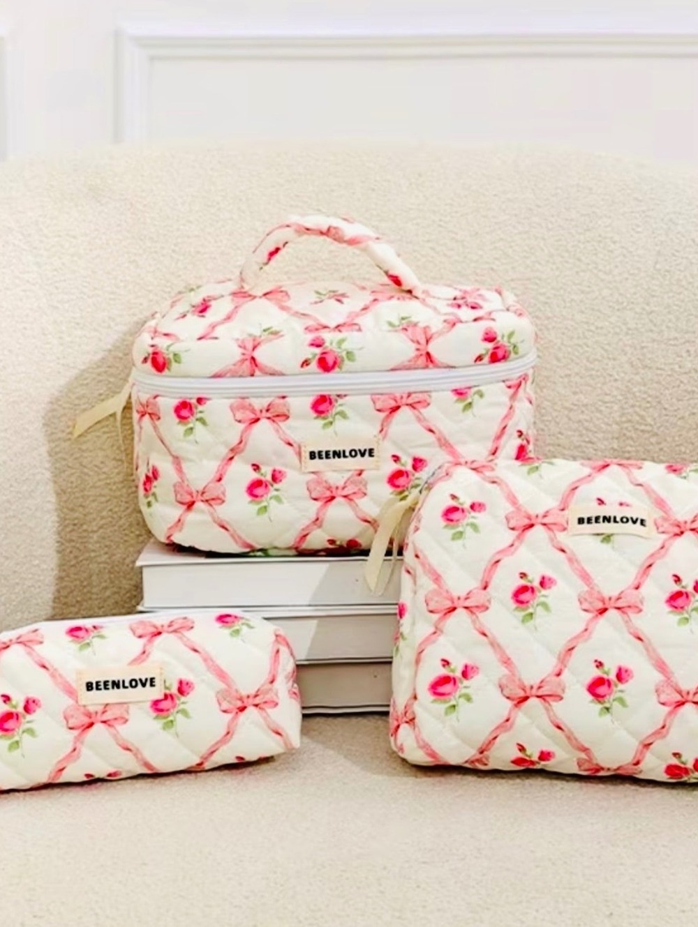 New -Super Cute -3Pcs Quilted Cosmetics/Toiletries Bag Set